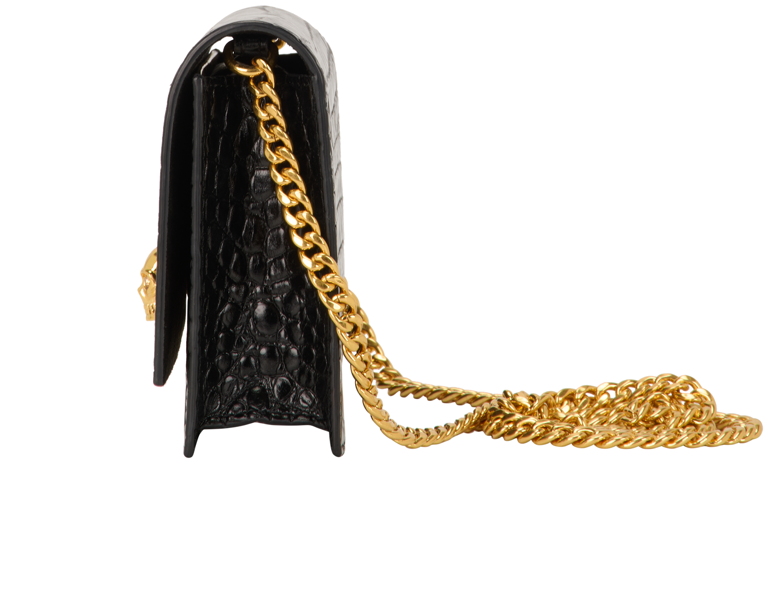Small Skull Flap Crossbody, &pound;450, Handbags, Black, Croc Embossed, Bottom view